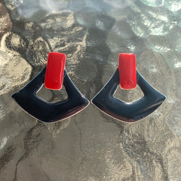 Vintage blue and red triangle earrings - Picture 2 of 4